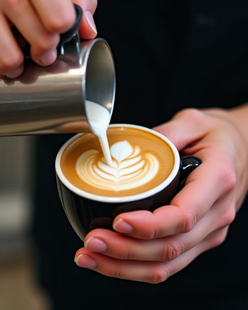 A skilled barista carefully pouring intricate latte art.