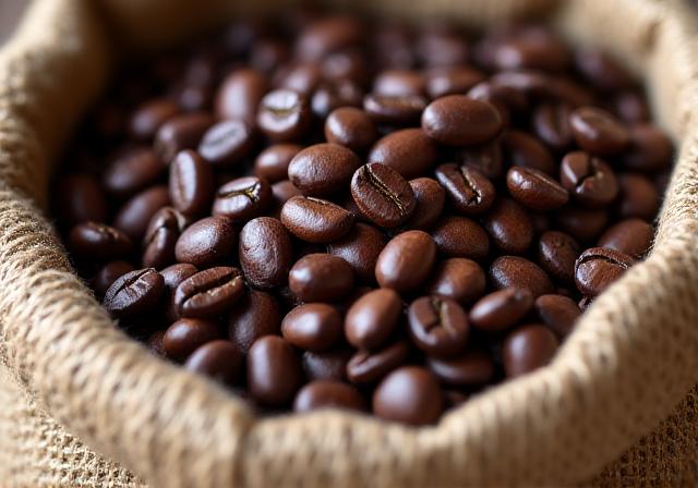 A close-up of high-quality roasted coffee beans in a hessian sack.
