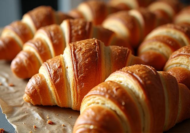A display of freshly baked golden croissants.