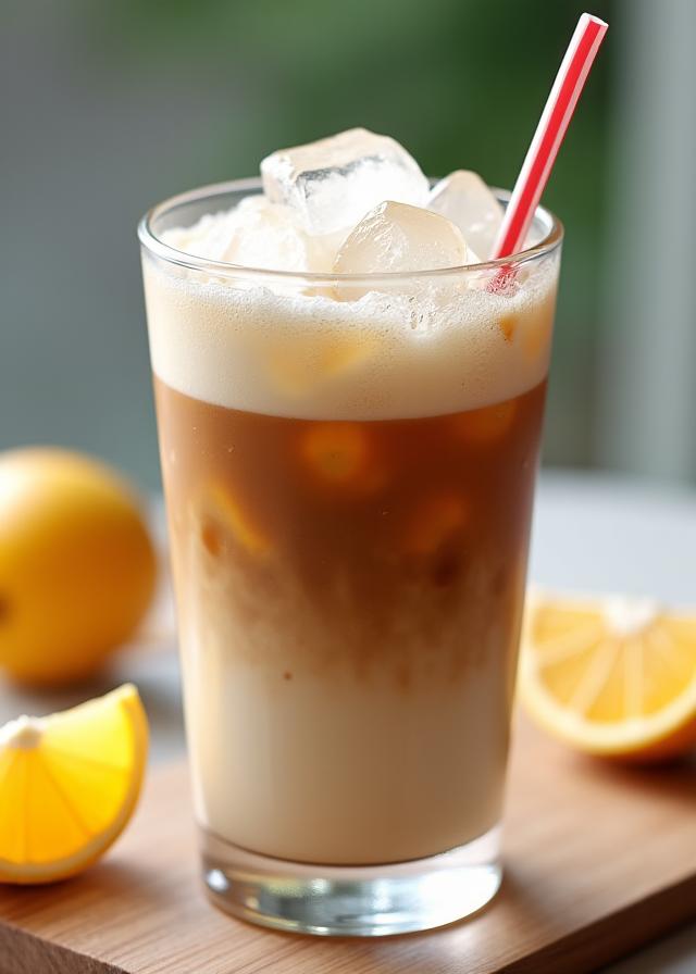 A refreshing iced latte with condensation on the glass.