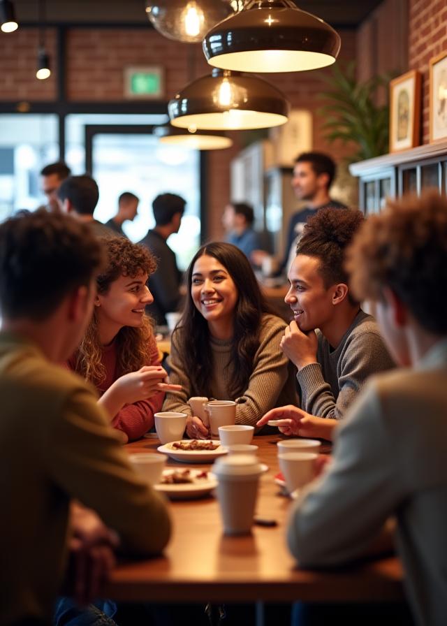 Customers enjoying coffee and conversation inside the cafe.